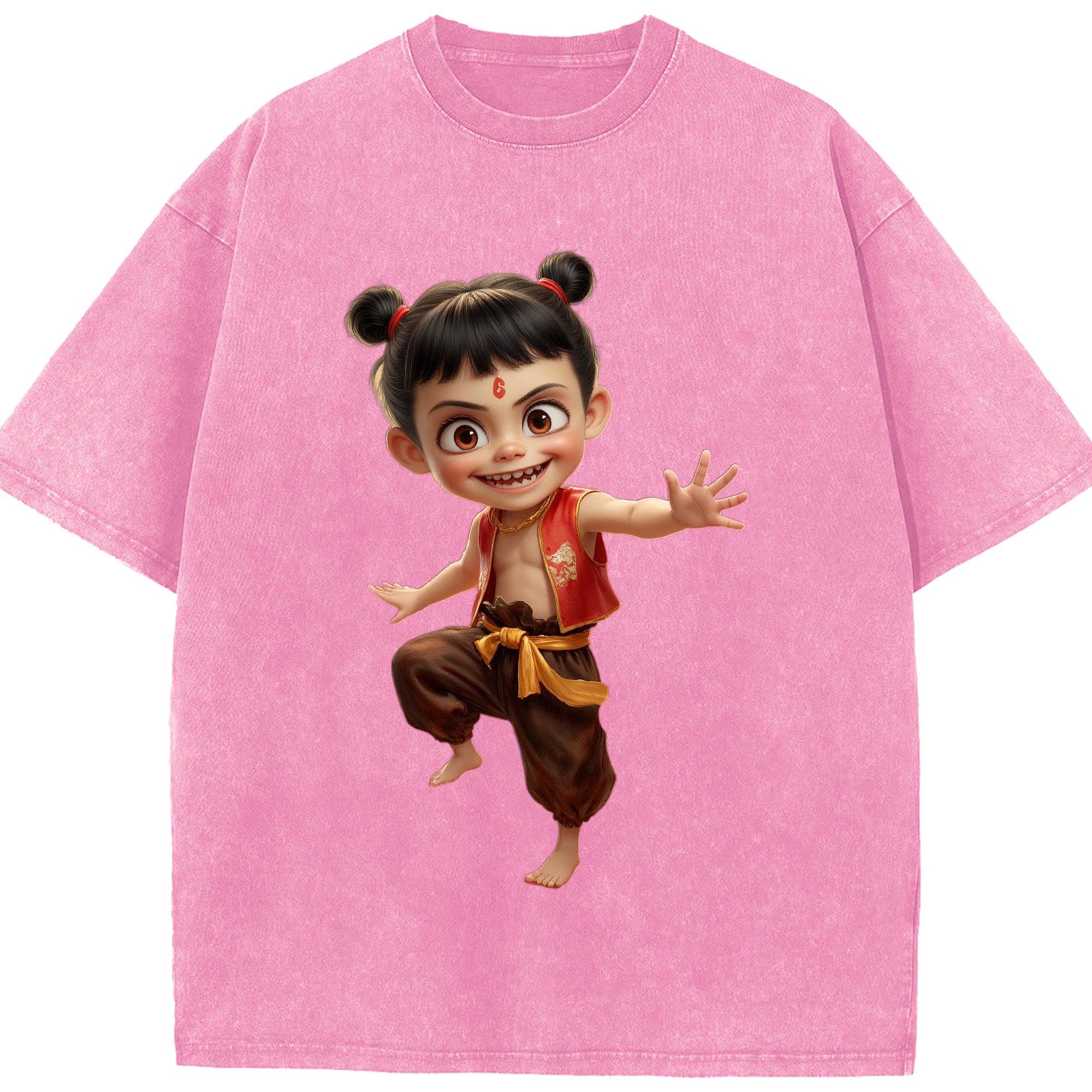 （画像用） Ne Zha 2 ナタ 魔童の大暴れ 綿100% ヴィンテージ風 半袖Tシャツ（フロントプリント）